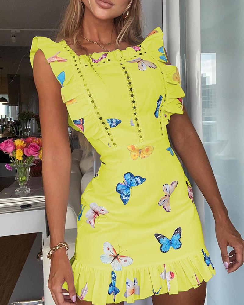 

Hollow Out Butterfly Print Frill Hem Dress, Yellow