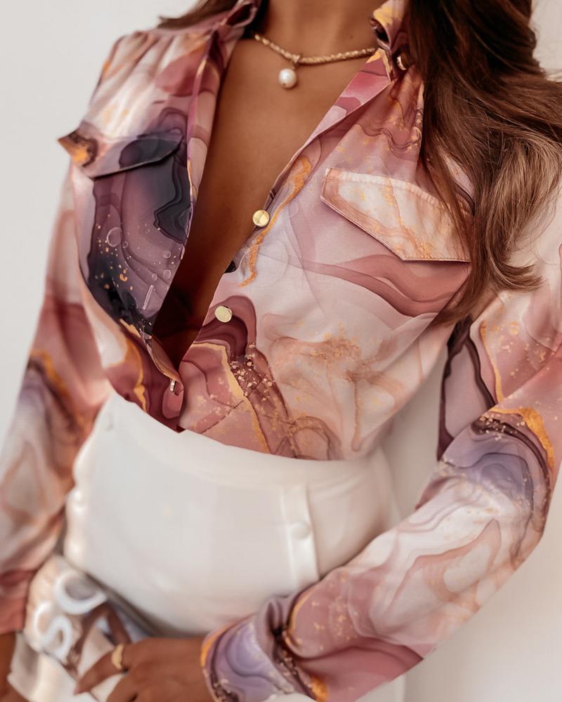 

Marble Print Long Sleeve Button Down Shirt, Pink