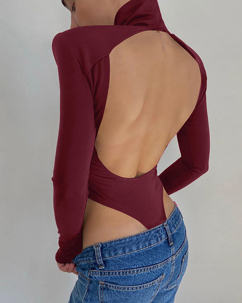 

Backless High Neck Long Sleeve Bodysuit, Wine red