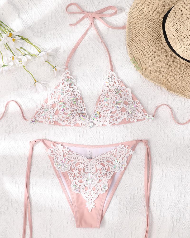 

Contrast Sequin Guipure Lace Patch Bikini Set, White