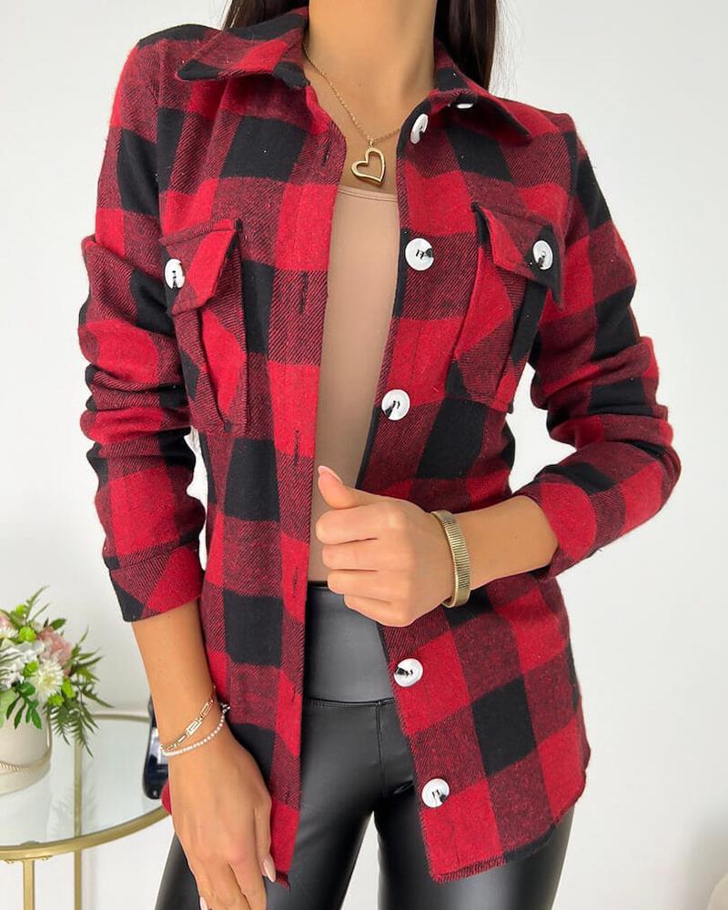 

Plaid Print Pocket Design Buttoned Shacket, Red