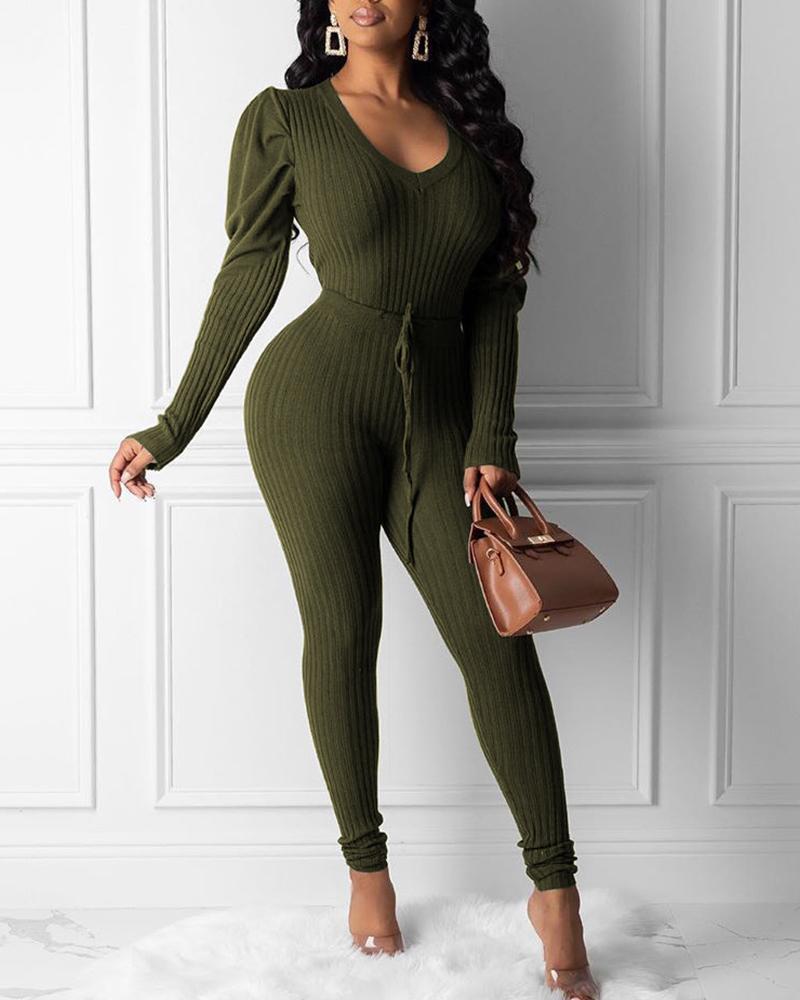 

Solid Color Stitching Puff Sleeve Suit Sets, Green
