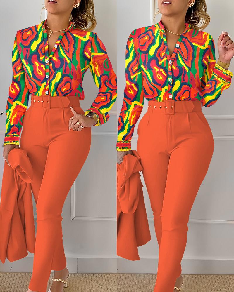 

Multi-Color Abstract Print Top & Pants Set With Belt, Orange