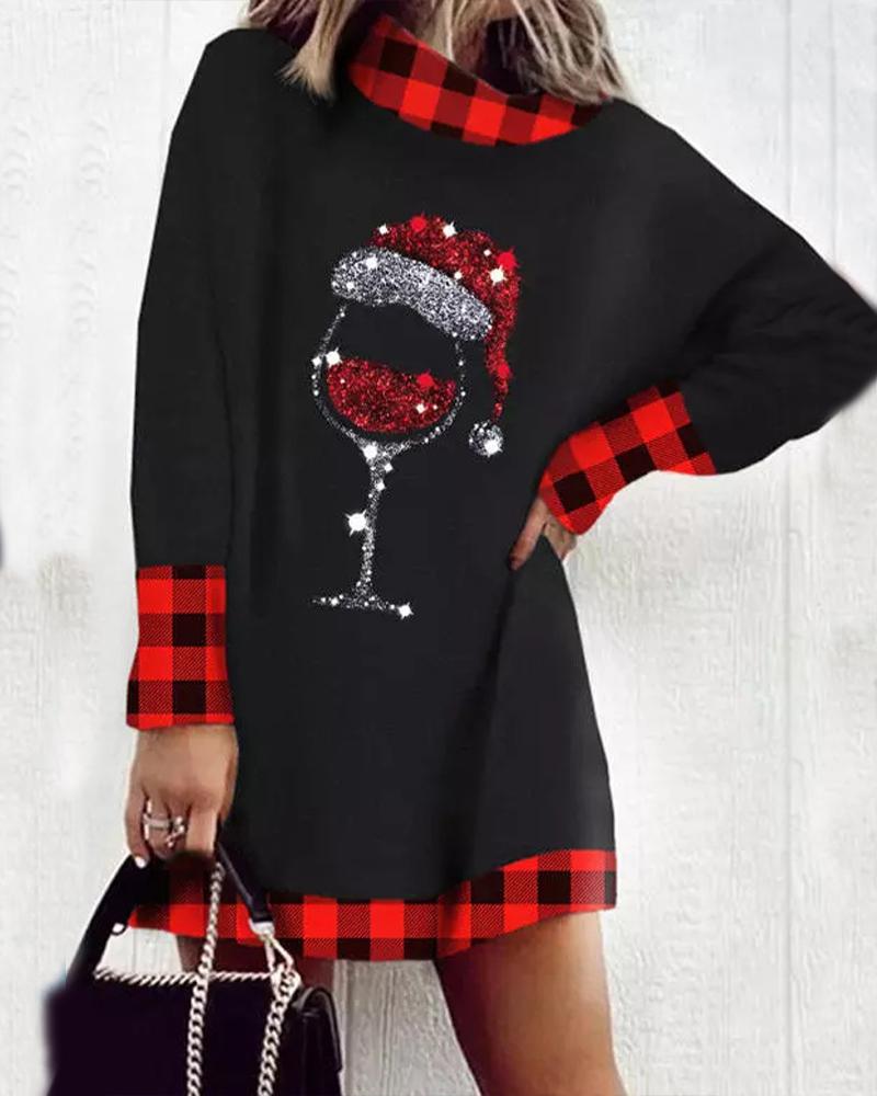 

Christmas Wine Glass Plaid Print Casual Dress, Black