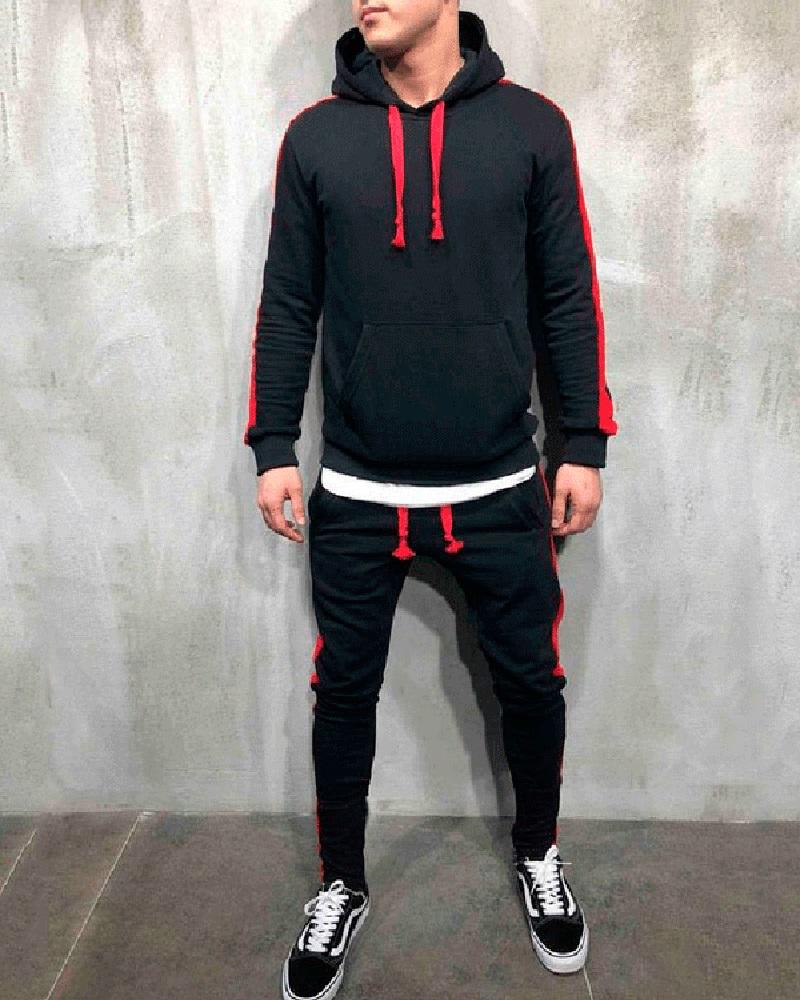 

Men Striped Colorblock Hooded Top & Pants Set, Black