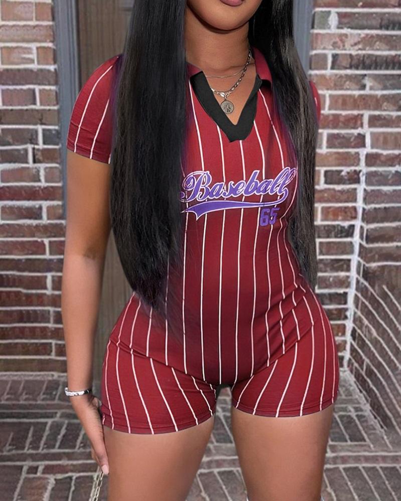 

Striped Letter Baseball Print Casual Romper, Red