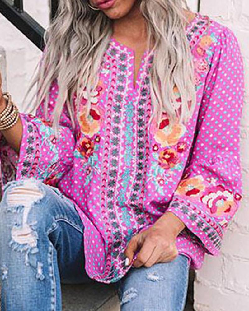 

Floral Graphic Print Flared Sleeves Top, Hot pink
