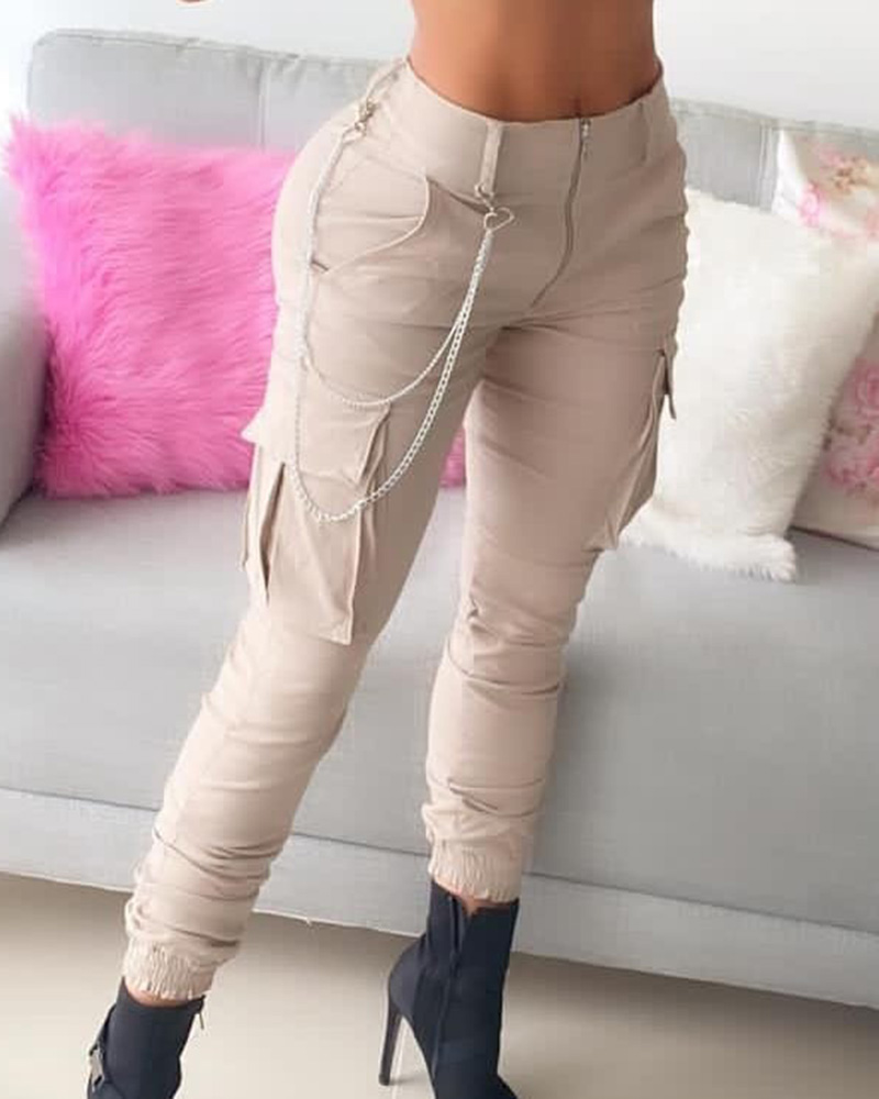 

High Waist Zipper Design Chain Decor Cargo Pants, Beige