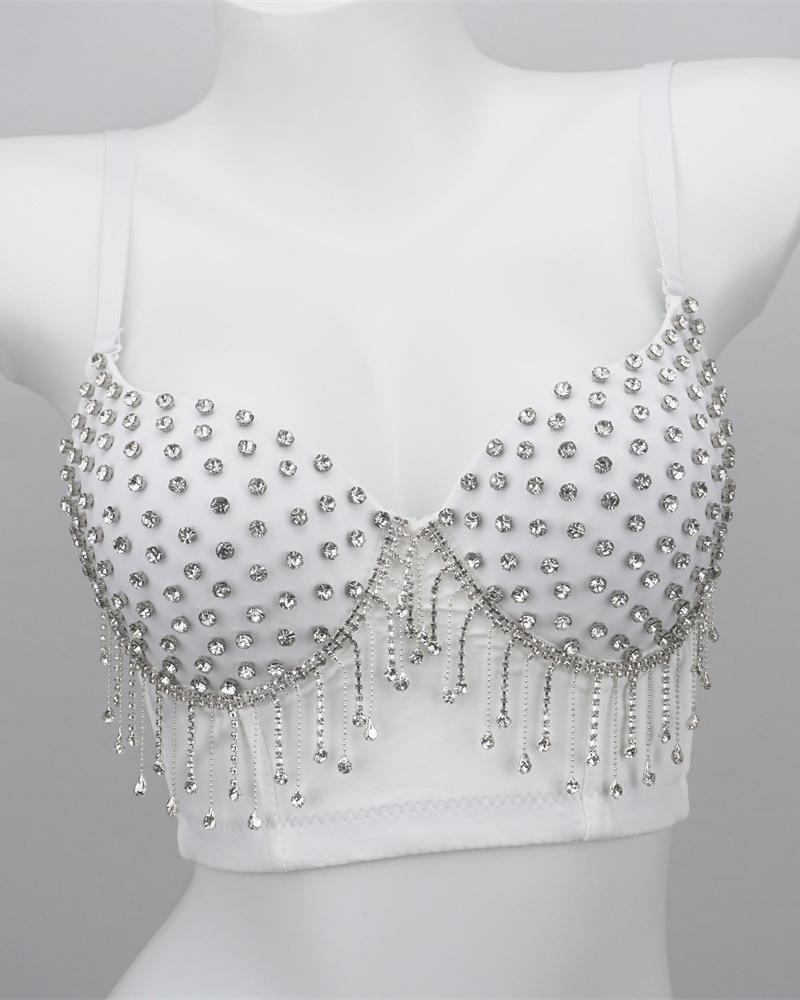 

Studded Rhinestone Tassel Design Crop Corset Top, White