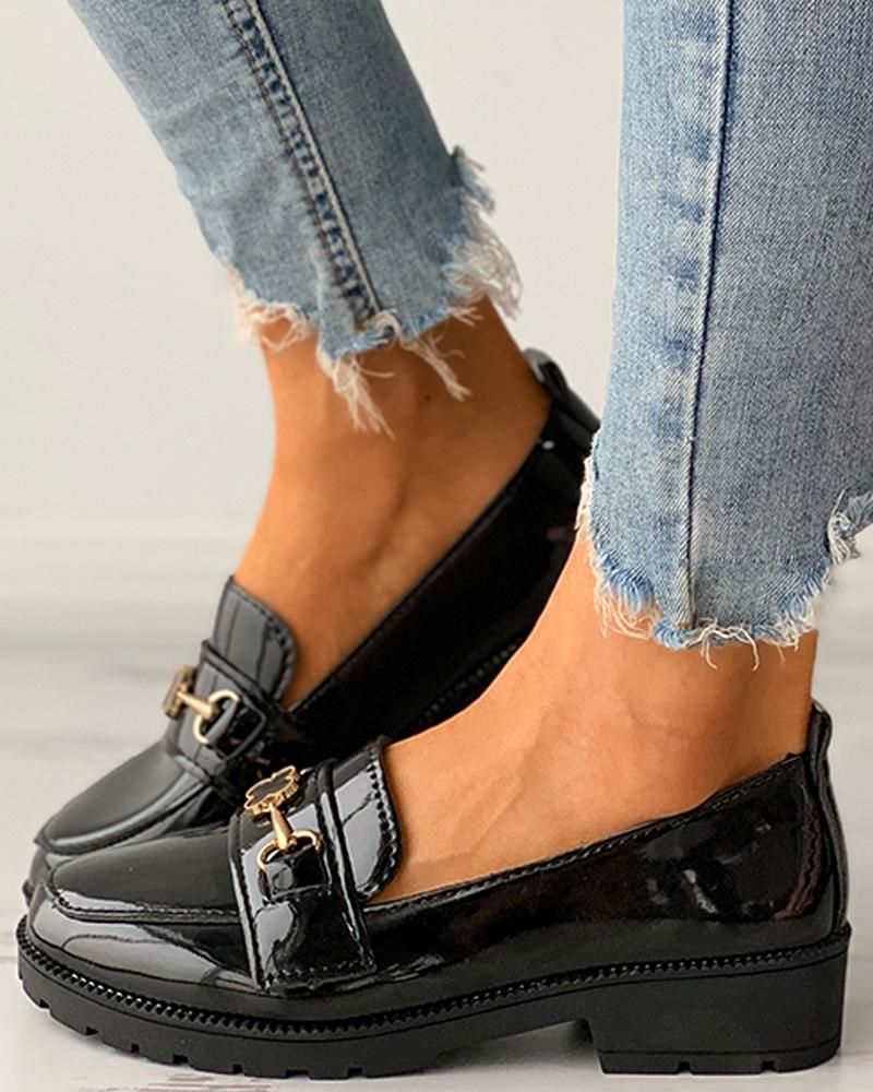 

Floral Pattern Buckled Slip-on Flats, Black