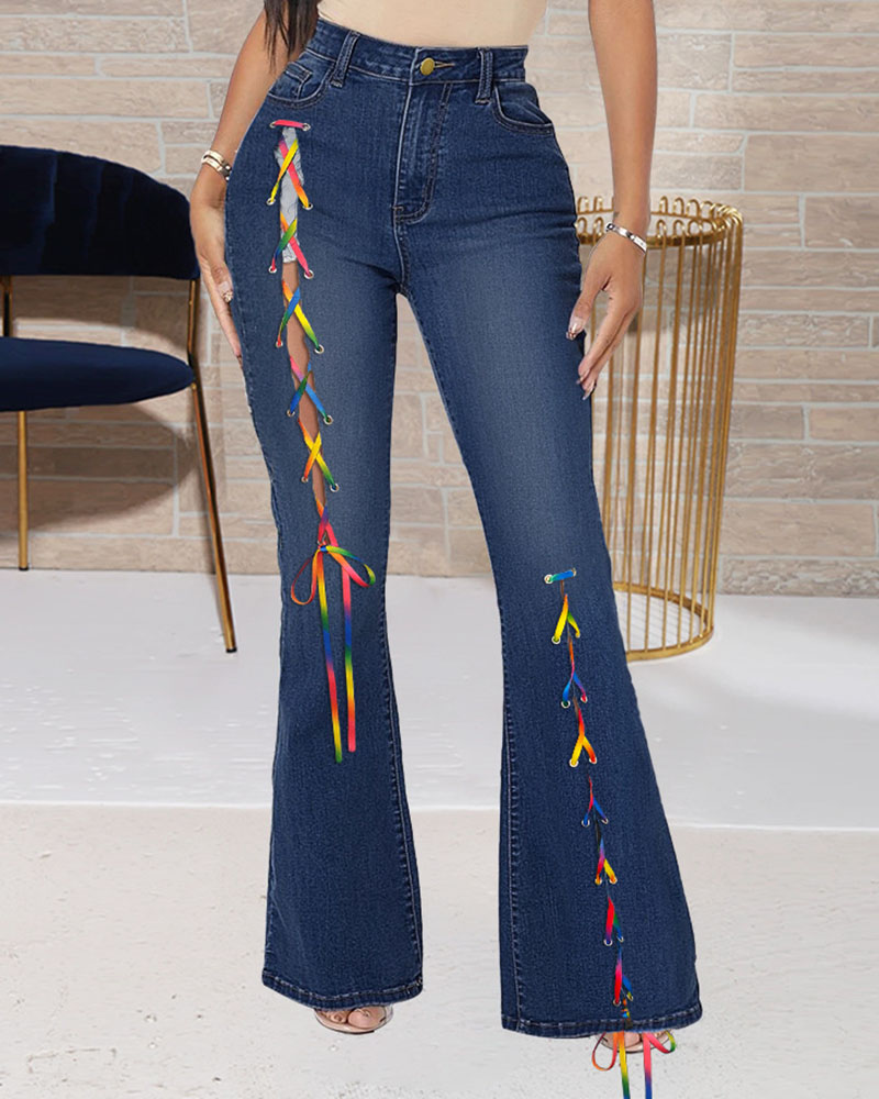 

Eyelet Lace Up Bootcut High Waist Jeans, Blue