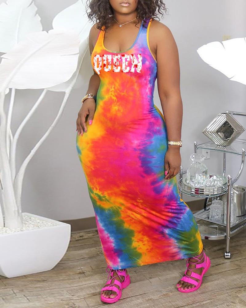 

Tie Dye Letter Print U-Neck Maxi Dress, Multicolor