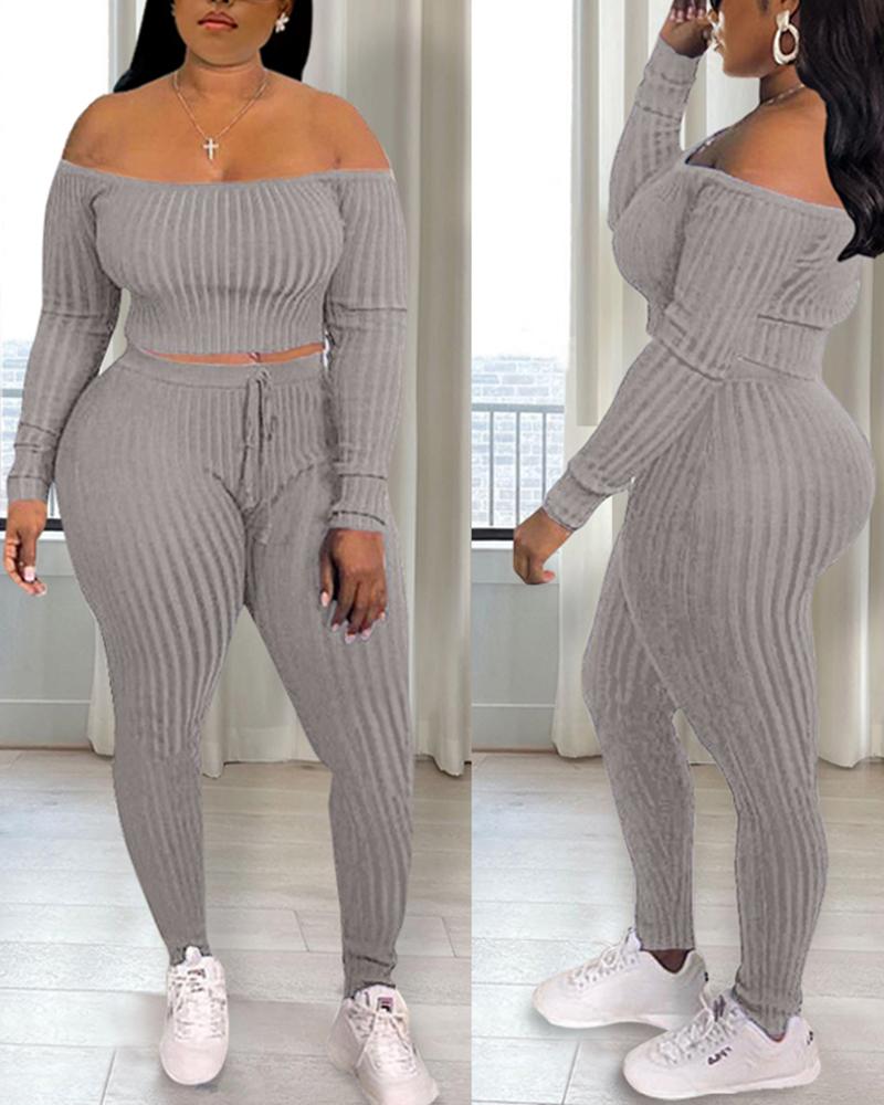 

Off Shoulder Ribbed Crop Top & Drawstring Pants Set, Gray
