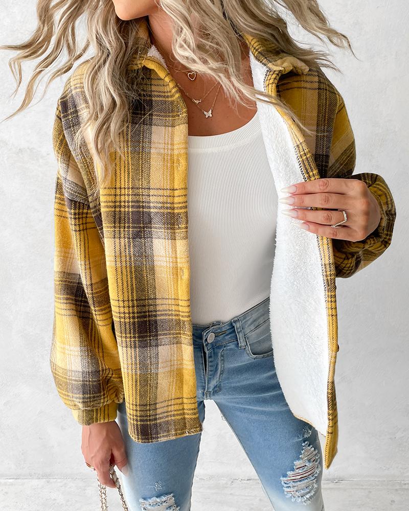 

Plaid Print Buttoned Fleece Lined Shacket, Yellow