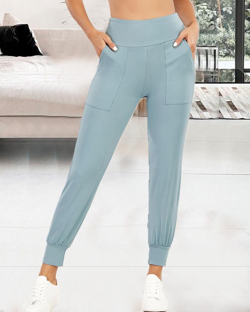 

Solid Color Skinny Yoga Pants With Pockets, Blue