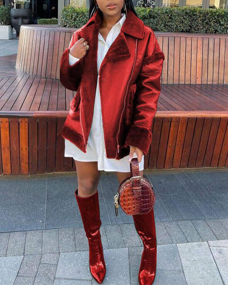 

Zipper Front Fuzzy Detail PU Leather Puffer Coat, Red