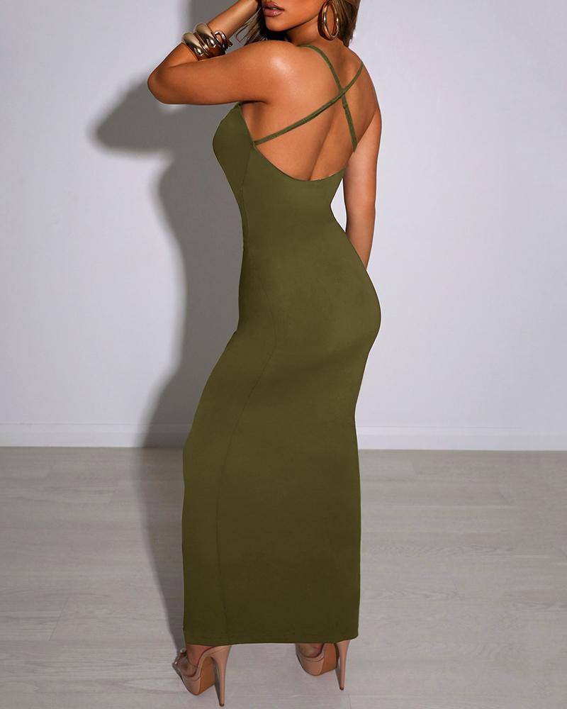 

Spaghetti Strap Crisscross Backless Bodycon Dress, Dark green