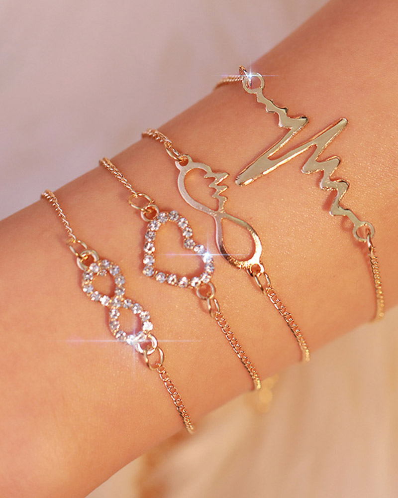 

4PCS Rhinestone Heart Graphic Decor Bracelet, Gold