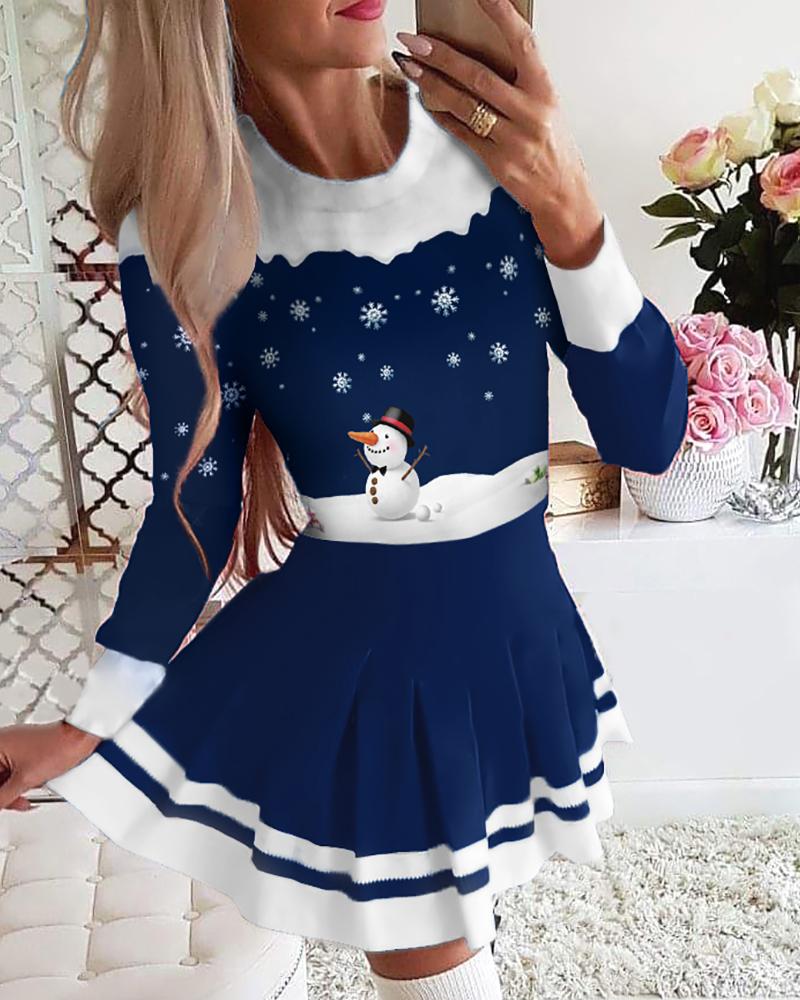 

Christmas Print Striped Pleated Dress, Blue