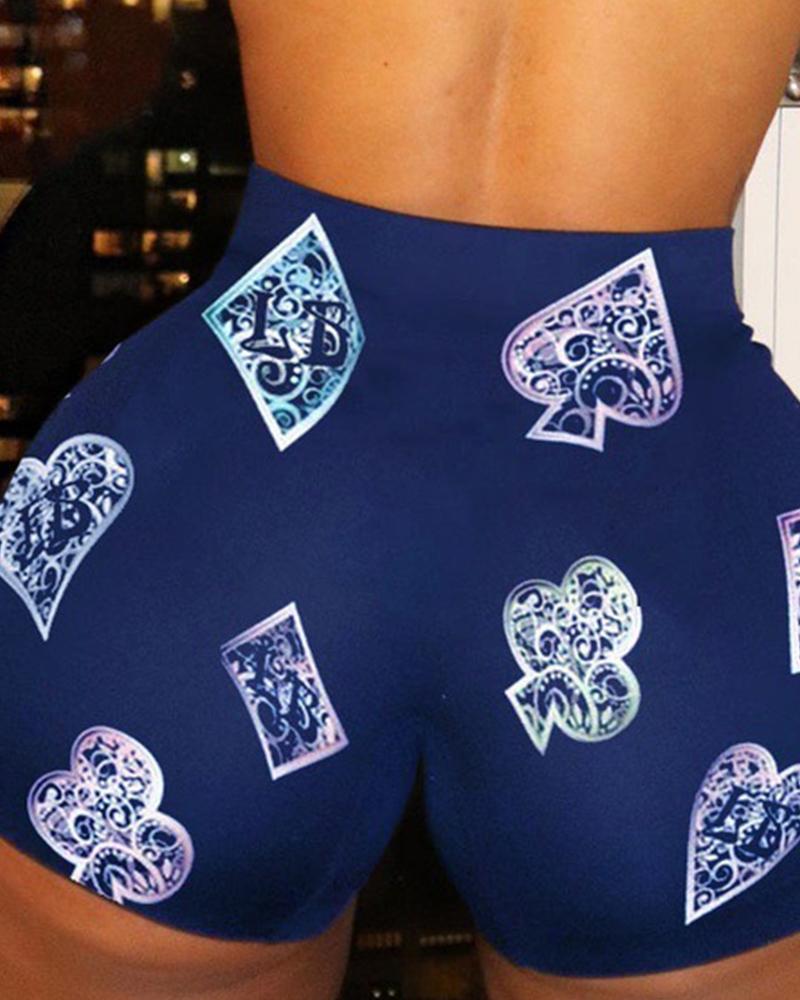

Poker Print Skinny Short Yoga Pants, Blue