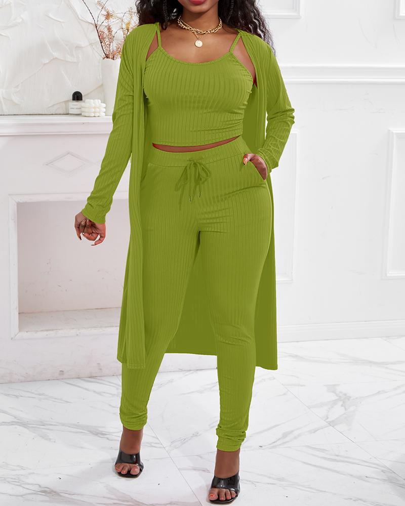 

3PCS Ribbed Cami Top & Pants Set With Longline Coat, Green