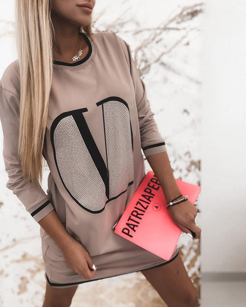 

Colorblock Hot Drilling Mid-length Sweatshirt, Coffee