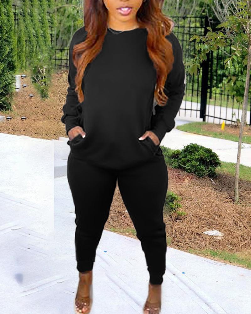 

Long Sleeve Pocket Design Top & Sweatpants Set, Black