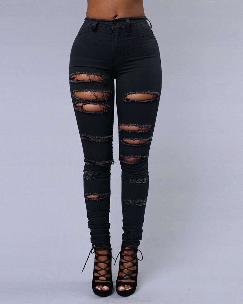 

Zipper Fly Ladder Cutout Ripped Skinny Jeans, Black