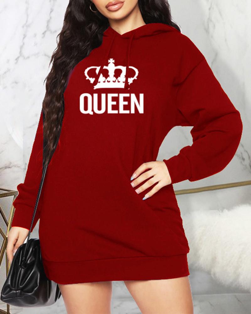 

Crown Letter Print Long Sleeve Hooded Dress, Wine red