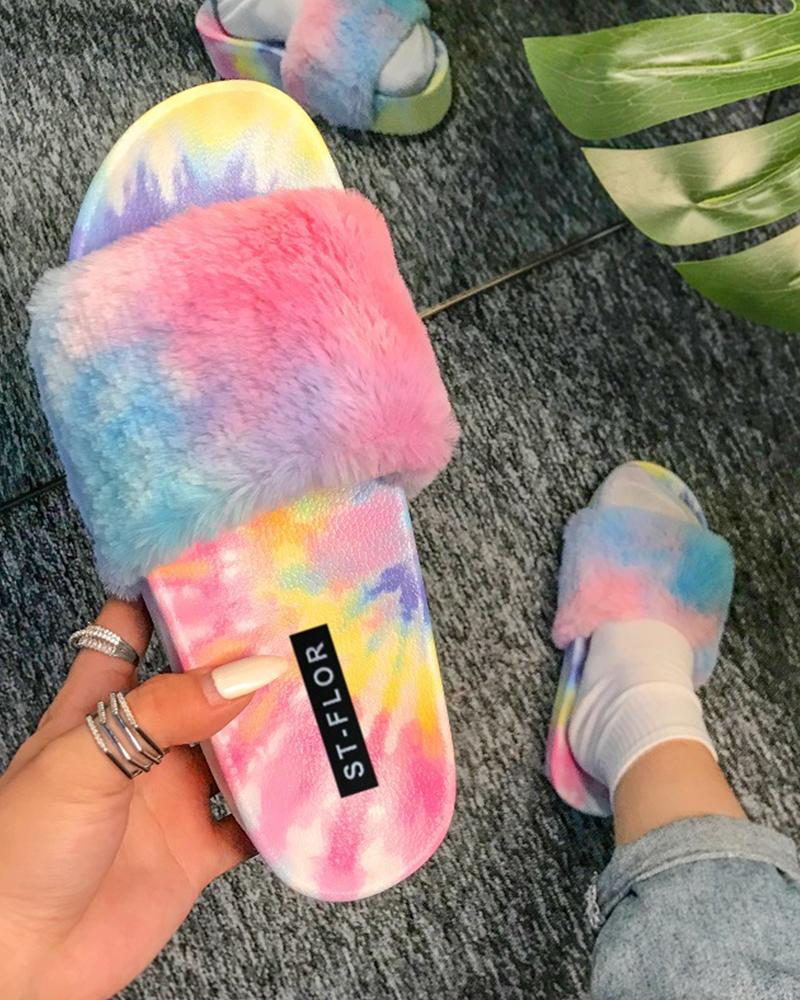 

Color Block Tie Dye Print Fluffy Platform Flat Slippers, Multicolor