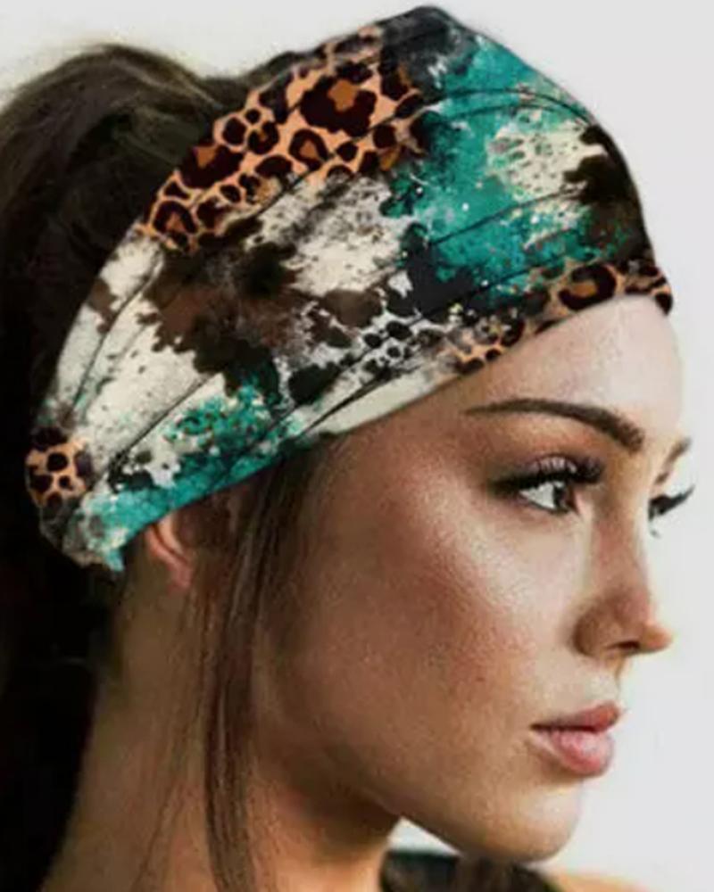 

1pc Tie Dye Leopard Elastic Sports Wide Headband, Green