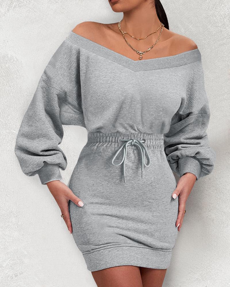 

V-Neck Stretchy Waist Mini Bodycon Sweatshirt Dress, Gray