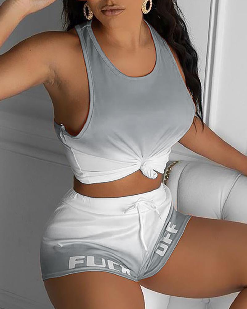 

Letter Print Colorblock Sleeveless Tank & Shorts Set, Gray