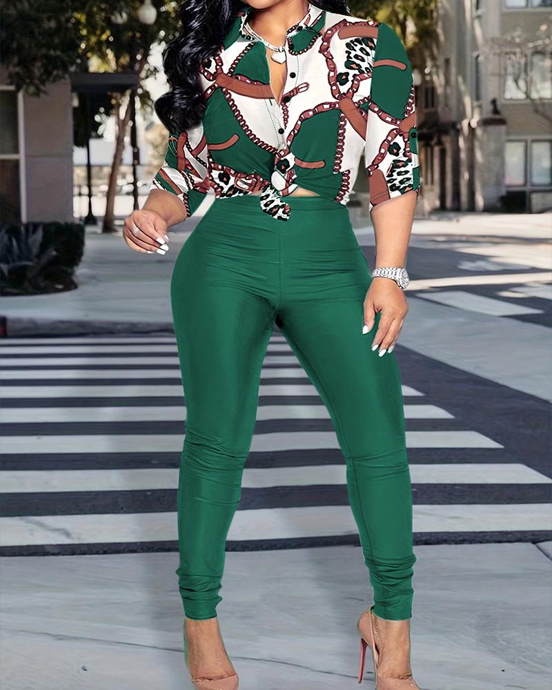 

Plus Size Chain Leopard Print Colorblock Buttoned Top & High Waist Pants Set, Green