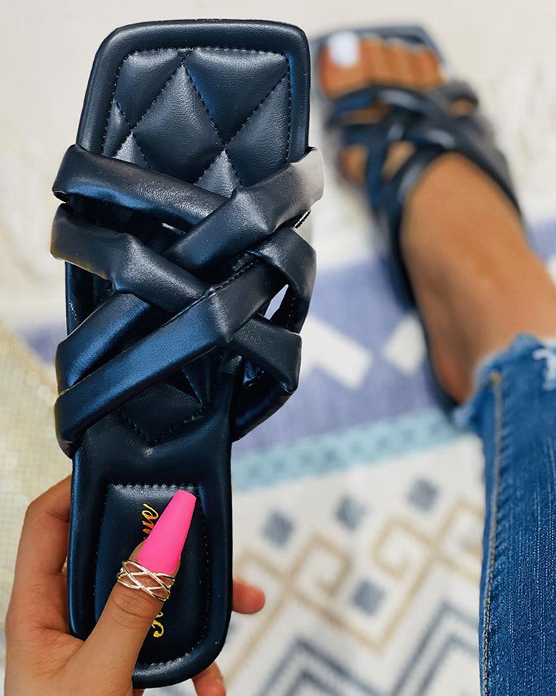 

Quilted Square Toe Bandage Flat Sandals, Black