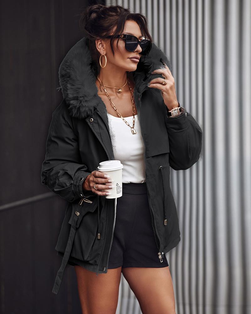 

Faux Fur Lantern Sleeve Hooded Cargo Parka Coat, Black