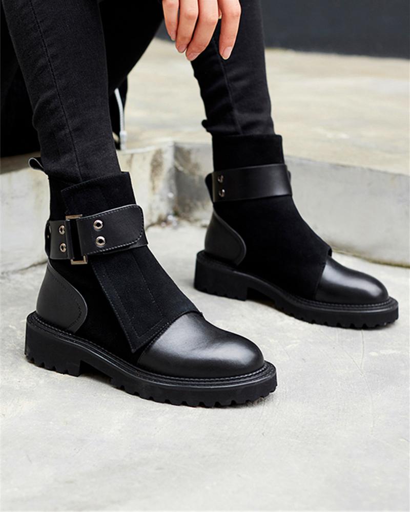 

Belted Faux Leather Biker Boots, Black
