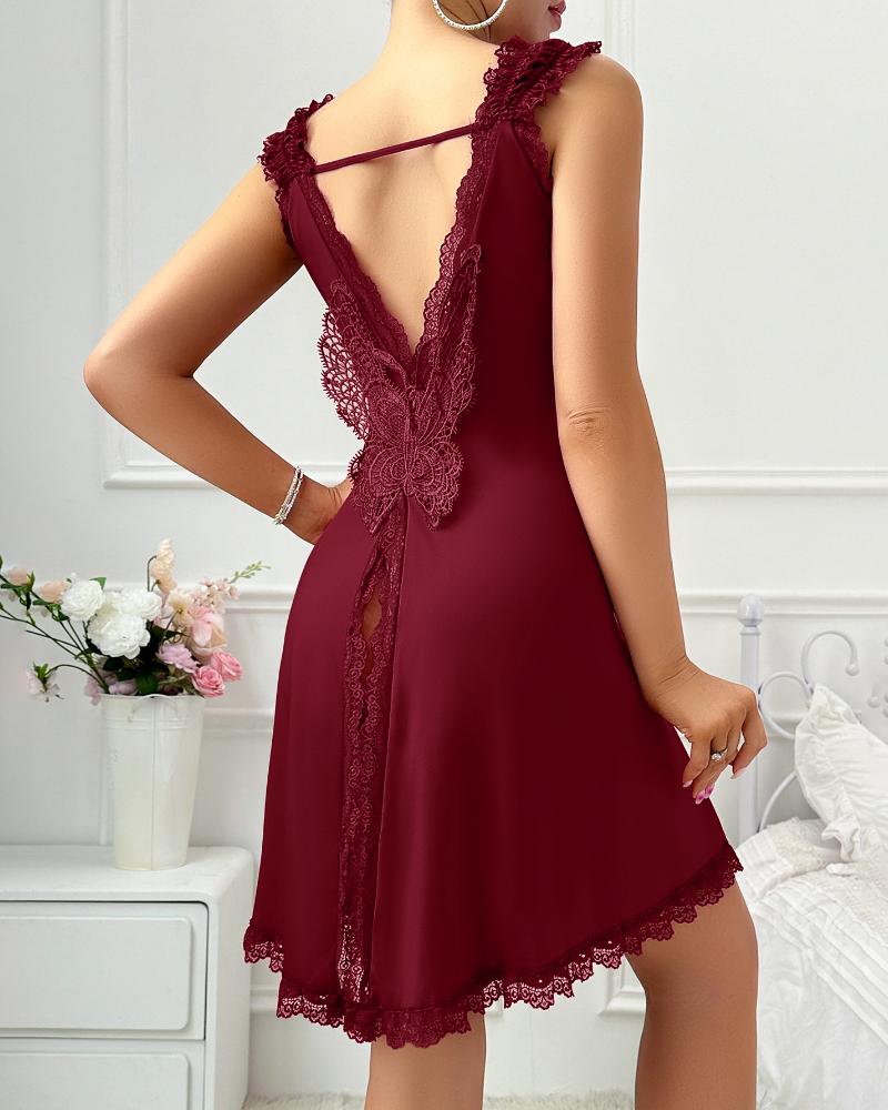 

V Neck Contrast Lace Eyelet Embroidery Babydolls Sexy Backless Slit Sleep Dress, Wine red