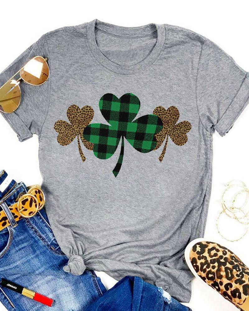 

Cheetah Leaf Print Round Neck Casual T-Shirt, Gray