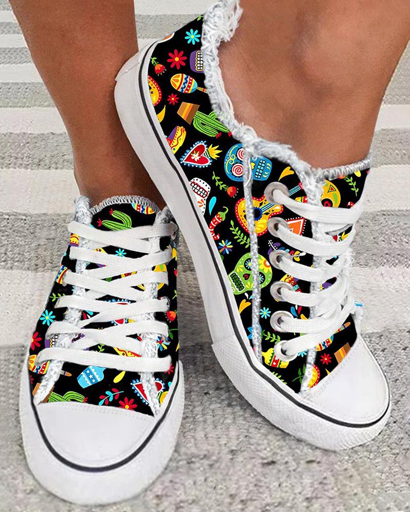 

Cinco De Mayo Graphic Print Raw Hem Canvas Sneakers, Multicolor