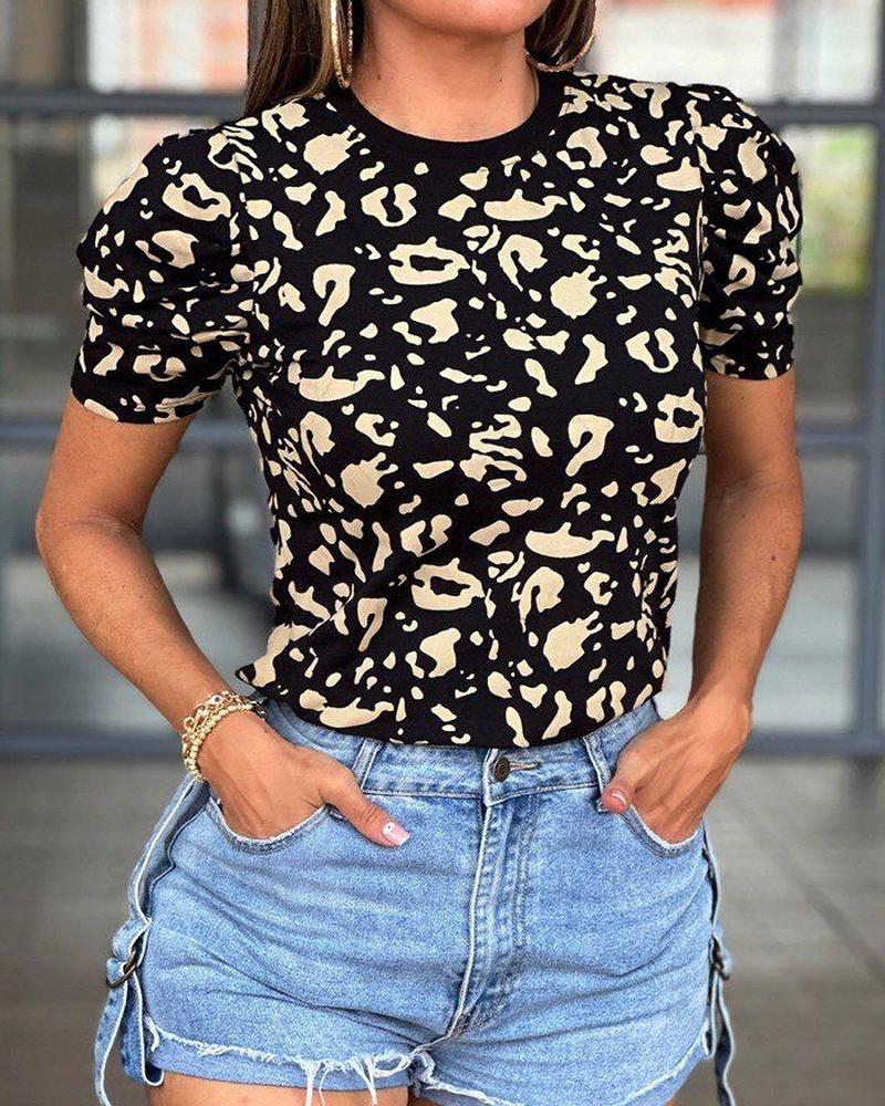 

Leopard Print O-Neck Puff Sleeve Top, Black