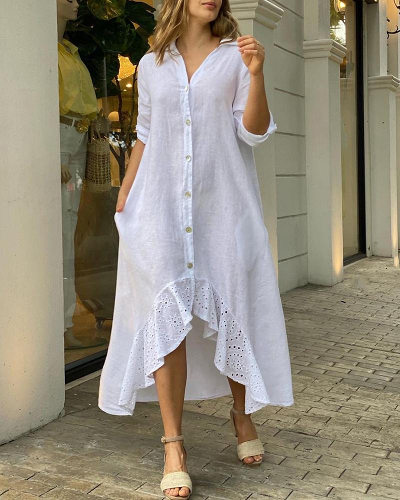 Eyelet Embroidery Ruffles Dip Hem Shirt Dress