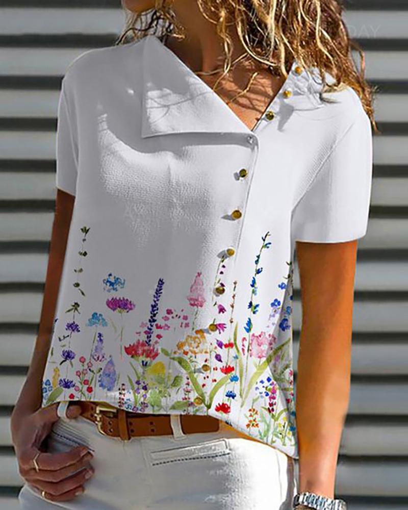 

Plants Print Short Sleeve Casual Top, White
