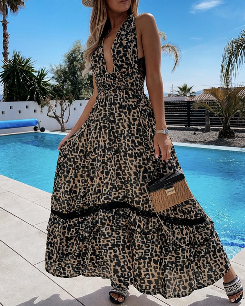 

Lace Patch Cheetah Print Shirring Detail Maxi Dress, Black