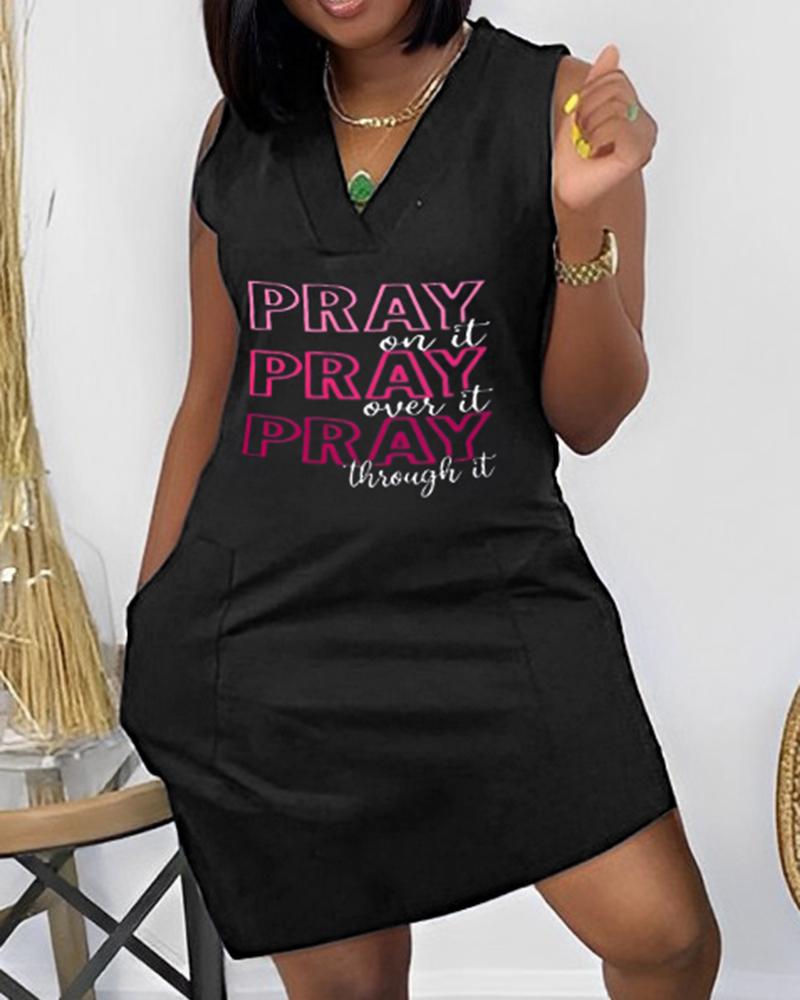 

Pray On It Pray Over It Pray Through It Print Sleeveless Casual Dress, Black