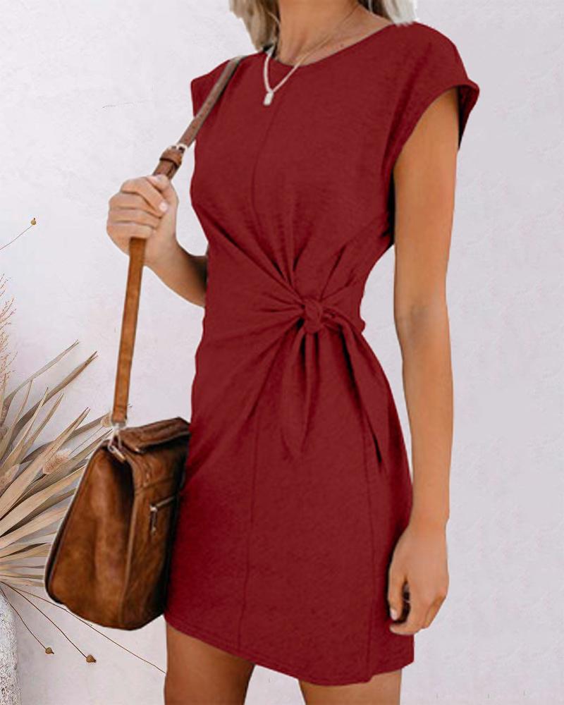 

Tied Detail Round Neck Casual Dress, Red