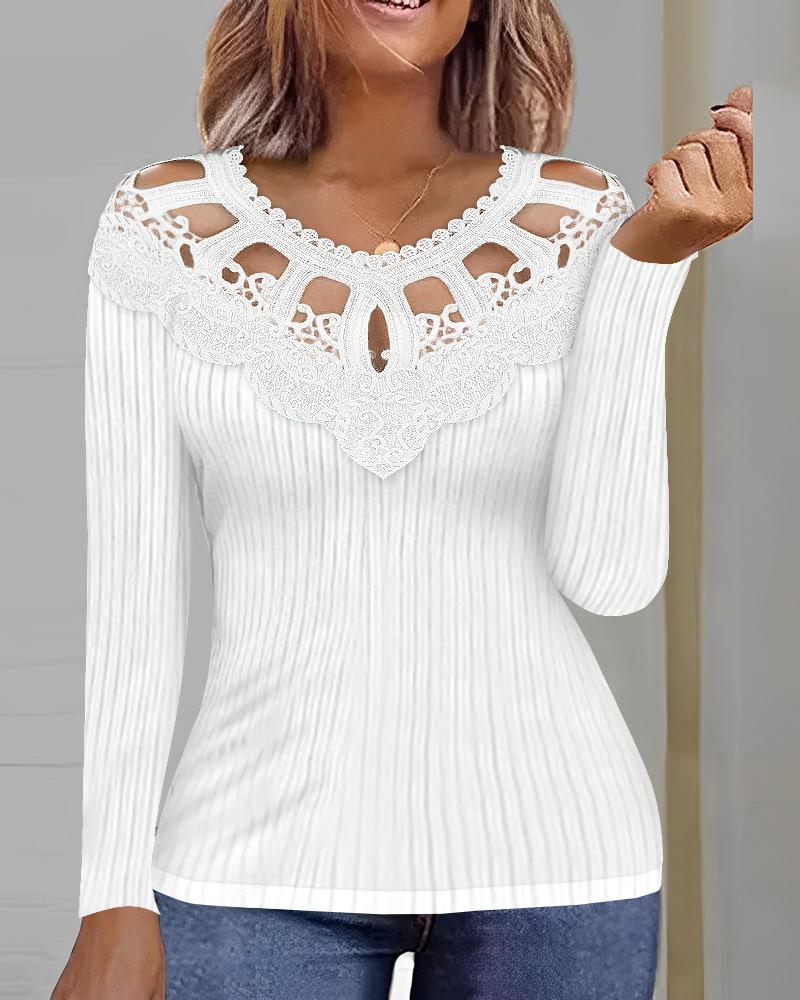 

Hollow Out Lace Patch Ribbed Top, White