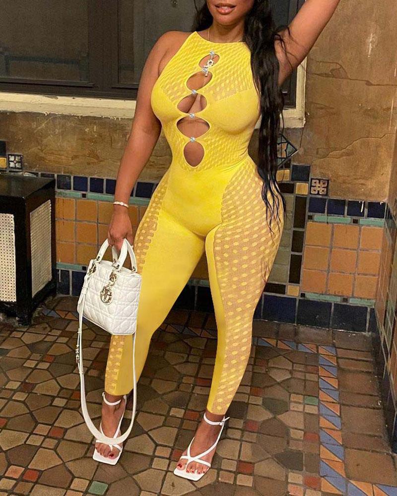 

Rhinestone Decor Hollow Out Sheer Mesh Jumpsuit, Yellow