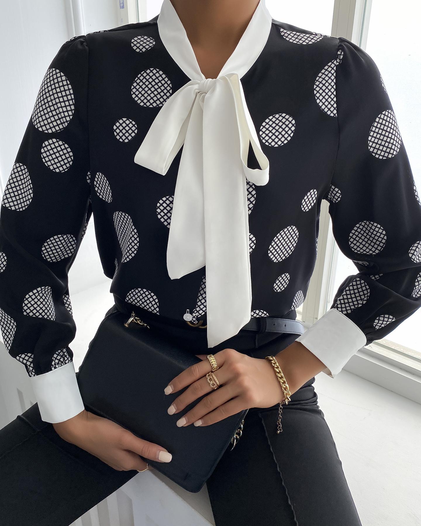 

Polka Dot Print Button Design Puff Sleeve Shirt, Black