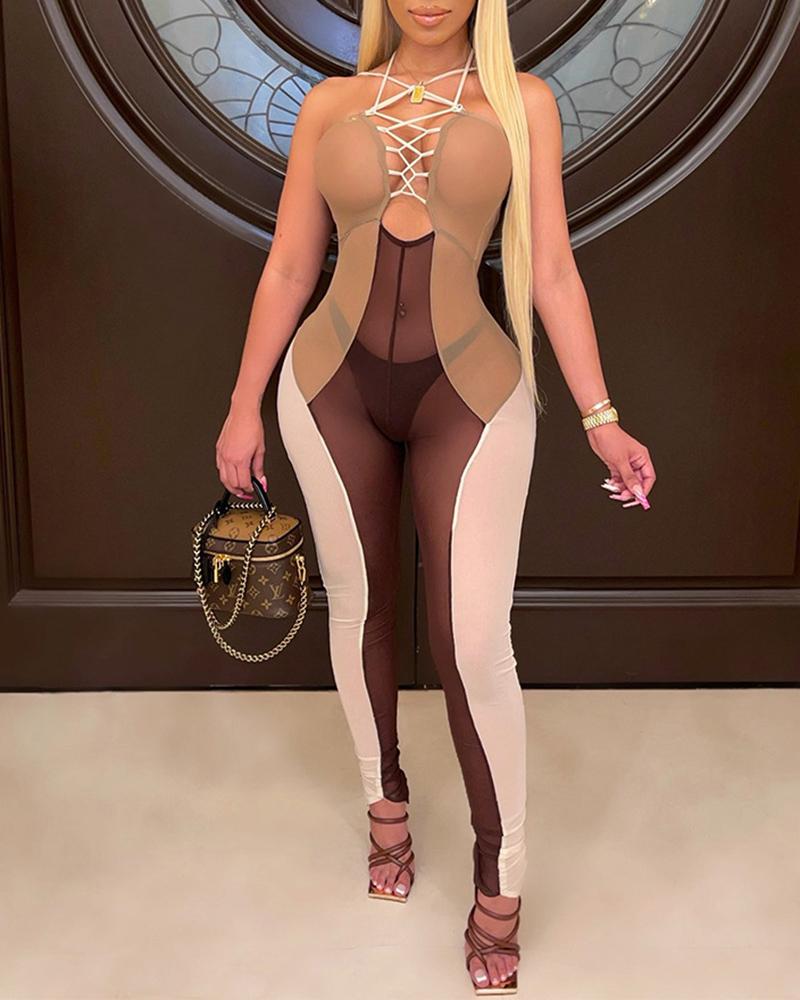 

Lace-up Crisscross Backless Sheer Mesh Cutout Jumpsuit, Brown